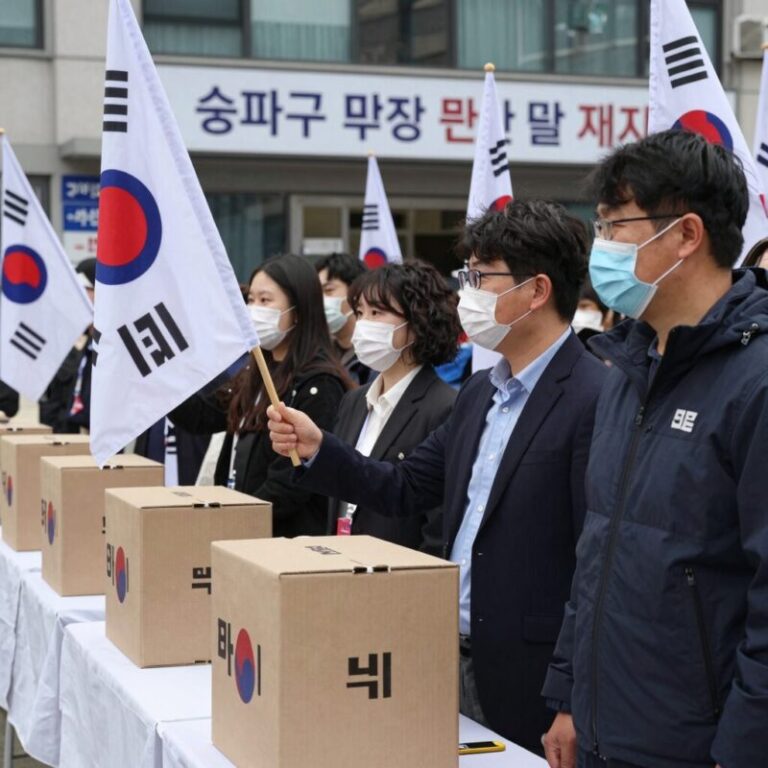 송파구 투표소 앞 투표함 반출 저지 시위 현장. 시위대가 태극기를 들고 개표 중단을 요구하고 있다.
