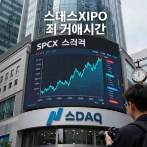 스페이스X IPO 첫 거래 시간과 주의점을 설명하는 이미지로, 나스닥 차트와 시계, SPCX 티커가 표시되어 있다.