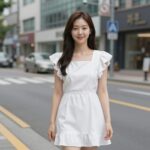 화이트 스퀘어넥 러플 원피스 착용 사진