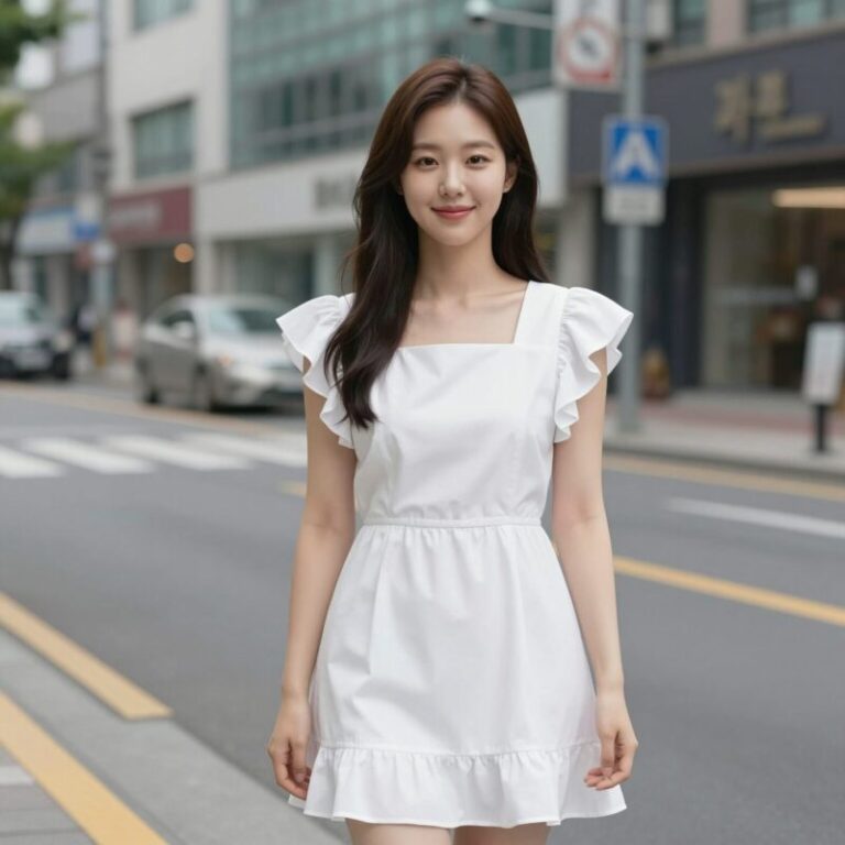 화이트 스퀘어넥 러플 원피스 착용 사진