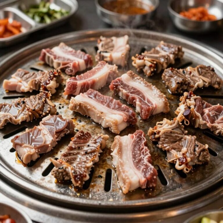 석암생소금구이 성수점 돌판 위에 노릇하게 구워진 돼지고기 모둠