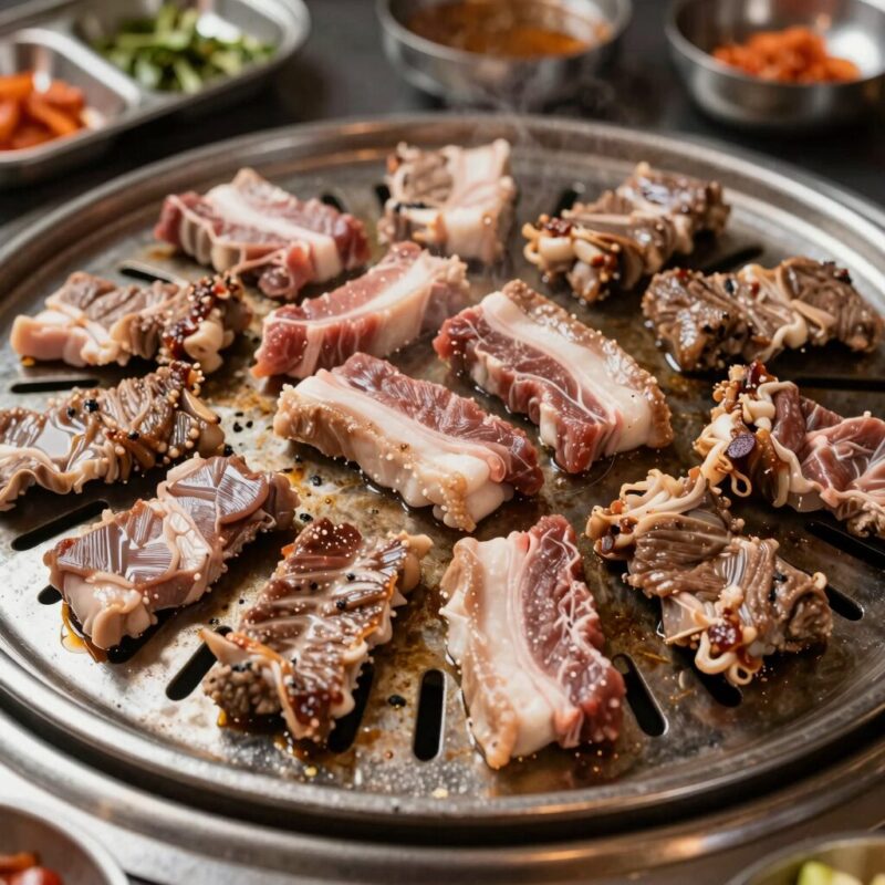 석암생소금구이 성수점 돌판 위에 노릇하게 구워진 돼지고기 모둠