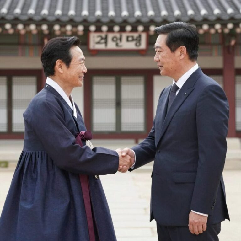 강훈식 차기 국무총리 내정자가 청와대에서 악수하고 있는 모습