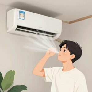 여름철 에어컨 바람을 직접 맞으며 냉방병 증상을 겪는 일러스트
