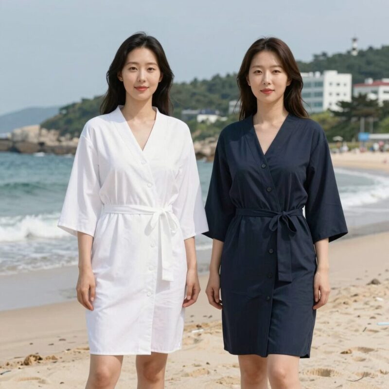 여름 해변에서 자연스럽게 걸친 여성 로브가디건 모습