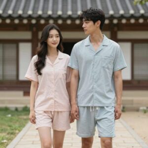 여름 커플잠옷 세트 착용 모습 시원한 소재