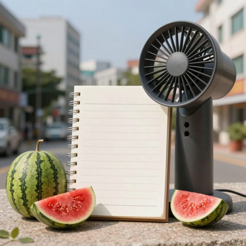 여름 인사말을 적은 노트와 선풍기, 수박 이미지