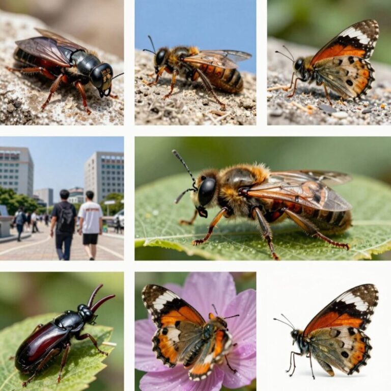 여름철 대표 곤충 매미 잠자리 메뚜기 사마귀 장수풍뎅이 사슴벌레 나비가 함께 있는 사진 콜라주