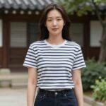 여름 긴팔티 데일리룩 추천 여름 긴팔 스트라이프 티셔츠를 입은 여성의 데일리룩 이미지