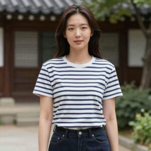 여름 긴팔 스트라이프 티셔츠를 입은 여성의 데일리룩 이미지