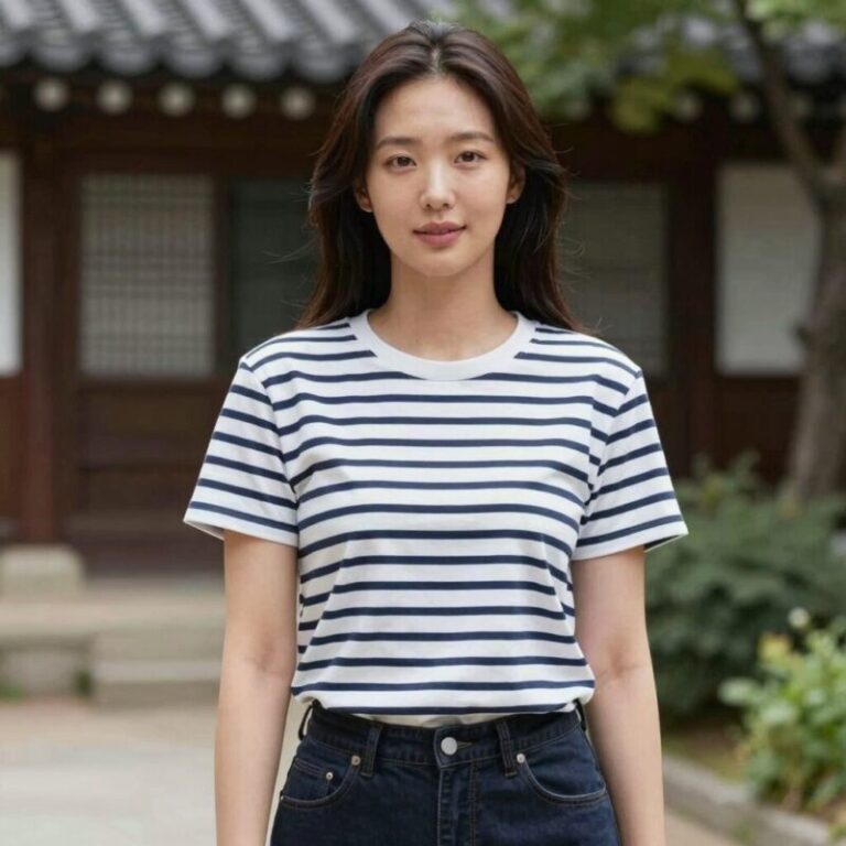 여름 긴팔 스트라이프 티셔츠를 입은 여성의 데일리룩 이미지