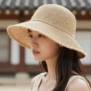여성 여름 라피아 썬캡 착용 모습