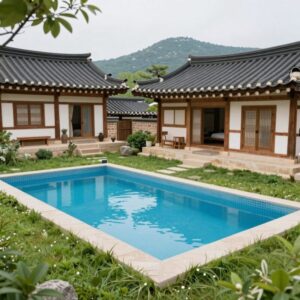 강화도 한옥 독채 수영장 펜션 선원하녹의 수영장과 잔디 마당 전경