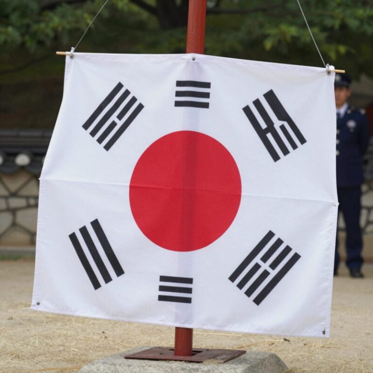 현충일 태극기 조기 게양 방법을 설명하는 이미지로, 깃대와 깃면의 위치를 보여줍니다