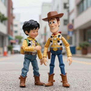 토이스토리 비지북을 가지고 노는 아이의 모습. 아이가 웃으며 우디 피규어를 만지고 있다.