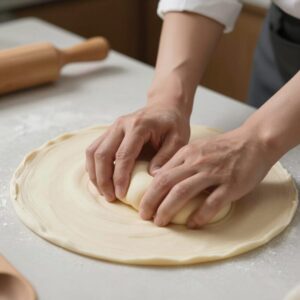 자루우동 반죽을 치대는 달인의 손동작과 반죽 표면의 매끄러운 질감