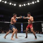UFC 옥타곤 경기장 조명 아래 펼쳐지는 격투 장면