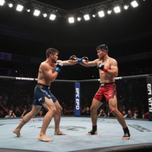 UFC 옥타곤 경기장 조명 아래 펼쳐지는 격투 장면