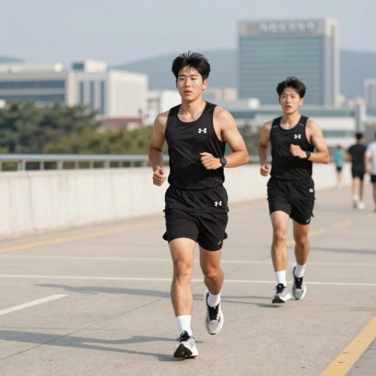 언더아머 헤일로 런 쇼츠를 입고 야외 러닝하는 모습