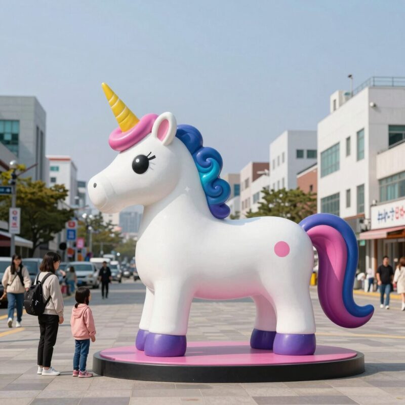 유니콘튜브로 만든 창의적 작품 예시, 다양한 색상과 도형이 조화를 이루는 디자인