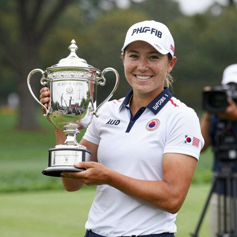 2026 US Women's Open champion Nelly Korda holding trophy at Congressional Country Club