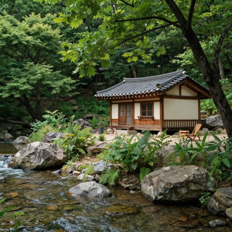 계곡 옆에 자리한 펜션 전경, 깨끗한 물과 나무 그늘이 보임