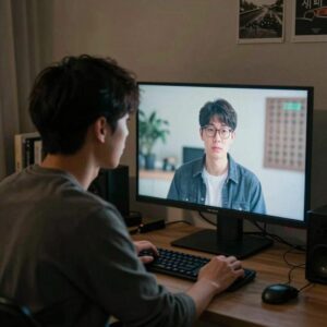 시청알바를 위해 모니터로 영상을 시청하는 장면