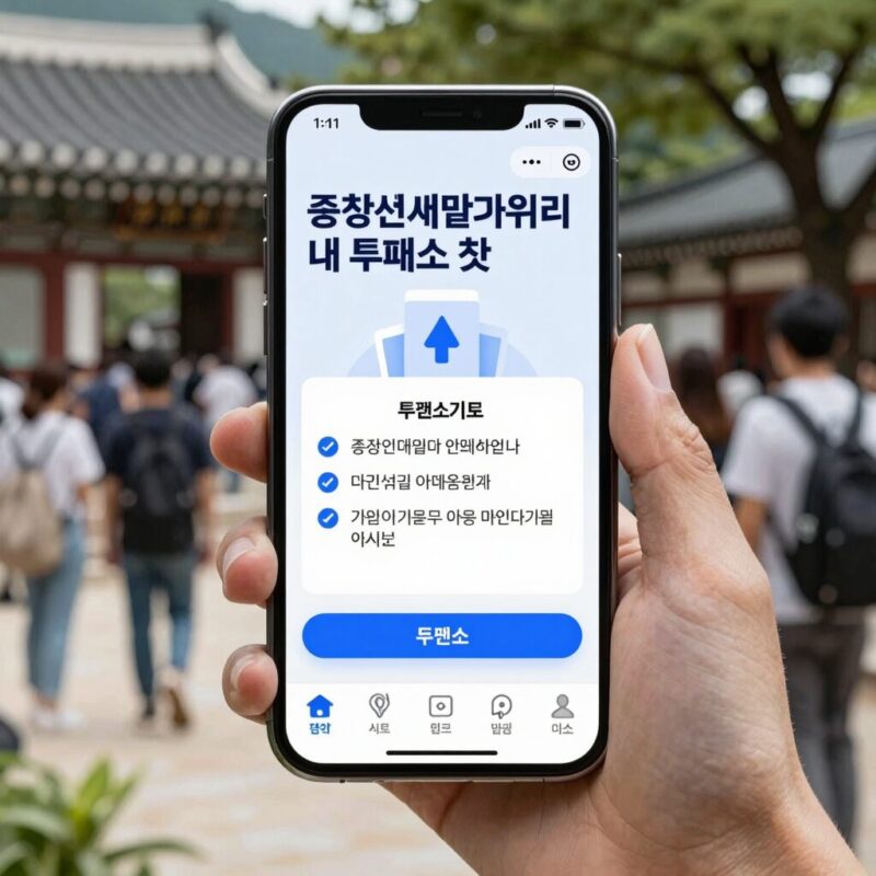 휴대폰으로 중앙선거관리위원회 내 투표소 찾기 서비스를 이용하는 화면