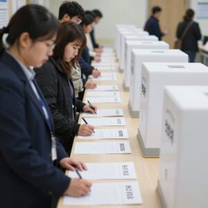 투표용지 부족으로 투표소 앞에 길게 줄 서 있는 유권자들 모습
