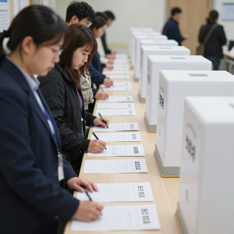 투표용지 부족으로 투표소 앞에 길게 줄 서 있는 유권자들 모습