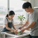 워싱소다로 주방 기름때 제거하는 장면