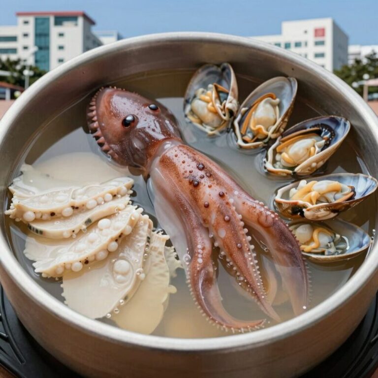 오징어와 멍게가 가득한 시원한 물비빔라면 그릇