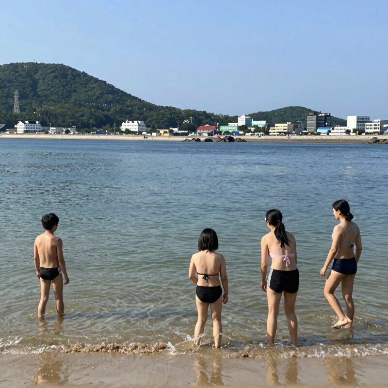 워터레깅스를 입고 푸꾸옥 해변에서 물놀이하는 모습