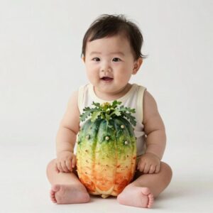 수박 디자인의 랩타올을 입고 있는 아기