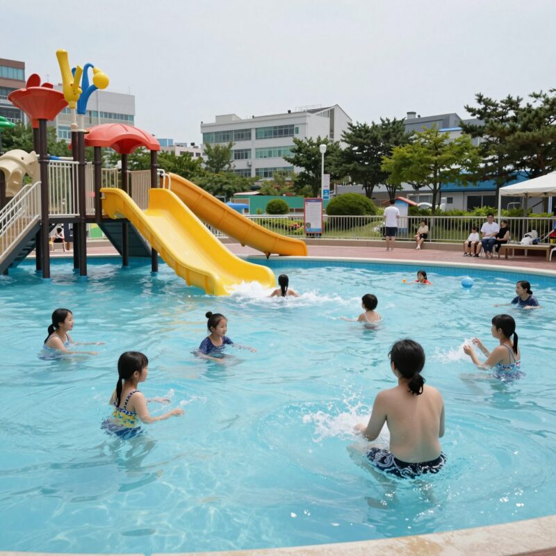 여름 물풀장에서 물놀이를 즐기는 사람들 사진, 파도풀과 슬라이드가 보이는 풍경