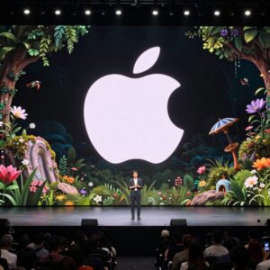 WWDC 2026 키노트 무대에서 애플 로고와 함께 새로운 기능을 시연하는 장면