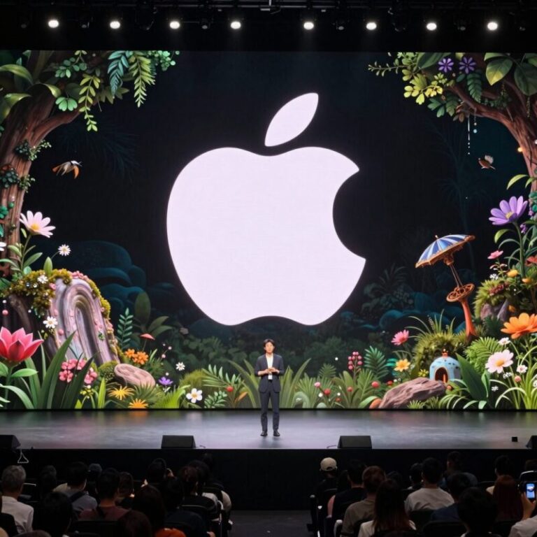 WWDC 2026 키노트 무대에서 애플 로고와 함께 새로운 기능을 시연하는 장면