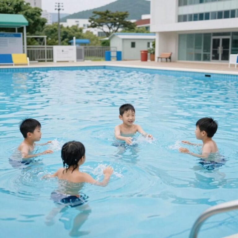 양산펜션 오늘리버독채 수영장에서 아이들이 물놀이하는 모습