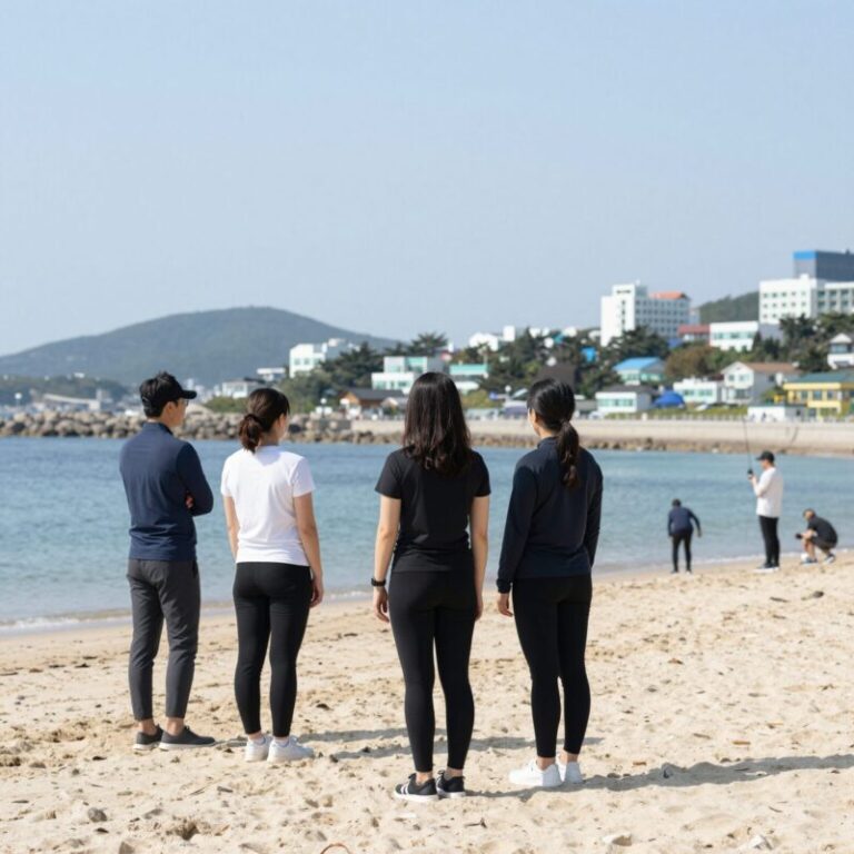 야노 시호 스타일의 래쉬가드를 착용한 여성이 해변에 서 있는 모습. 화이트와 블랙의 조화가 돋보인다.