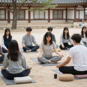 청춘 템플스테이 참가자들이 함께 명상에 집중하는 모습