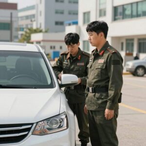 윤경호가 김부장 촬영장에서 전복된 차량 옆에 서있는 모습, 긴 머리 분장과 군복 차림으로 액션을 준비하는 비하인드 사진