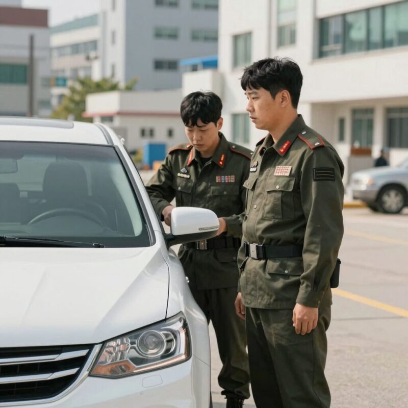 윤경호가 김부장 촬영장에서 전복된 차량 옆에 서있는 모습, 긴 머리 분장과 군복 차림으로 액션을 준비하는 비하인드 사진