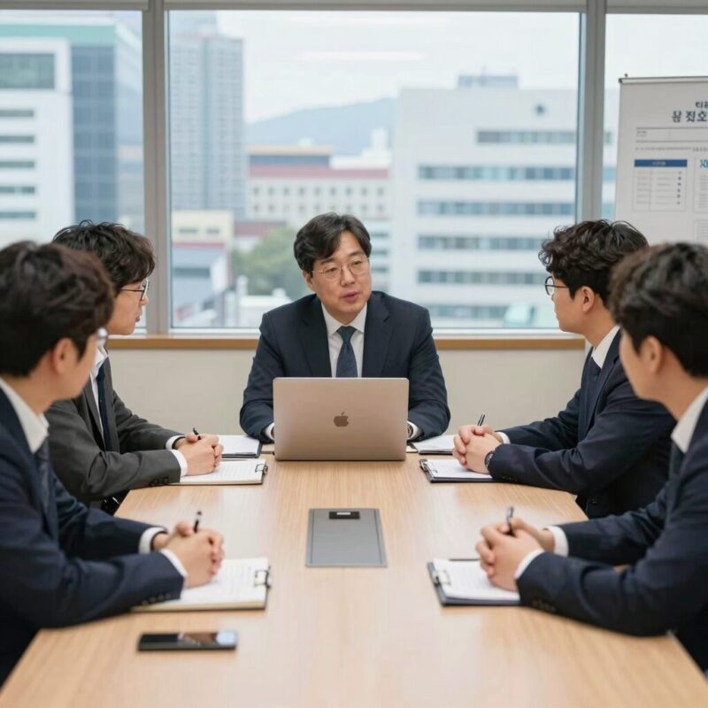 윤경호 김부장이 팀원들과 회의하며 소통하는 모습