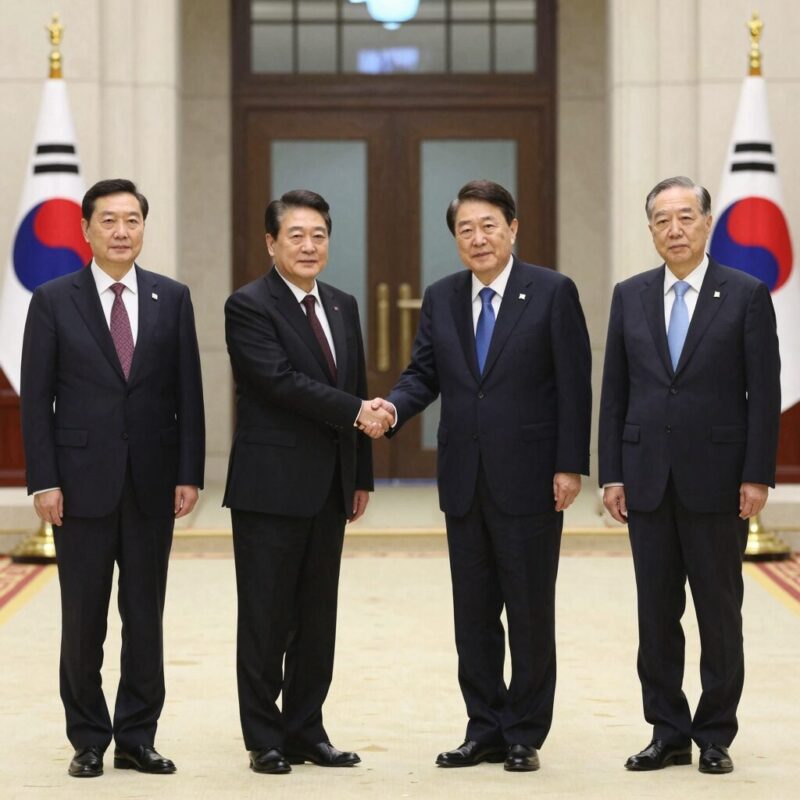 이 대통령 정상회담 회담장 내부 모습과 양국 대표단이 악수하는 장면