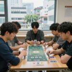 데블스 플랜 두뇌 게임 승리 전략 데블스 플랜 게임 장면, 참가자들이 카드 게임을 하고 있는 모습