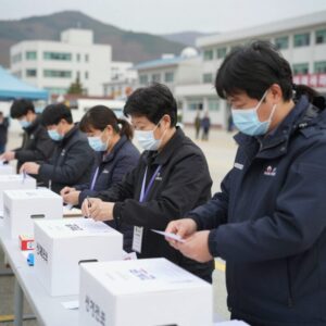 통영시장 선거 재검표 현장에서 선관위 직원들이 투표지를 일일이 확인하고 있는 모습