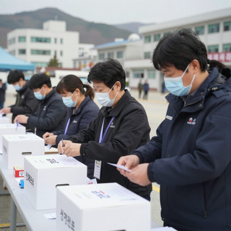 통영시장 선거 재검표 현장에서 선관위 직원들이 투표지를 일일이 확인하고 있는 모습