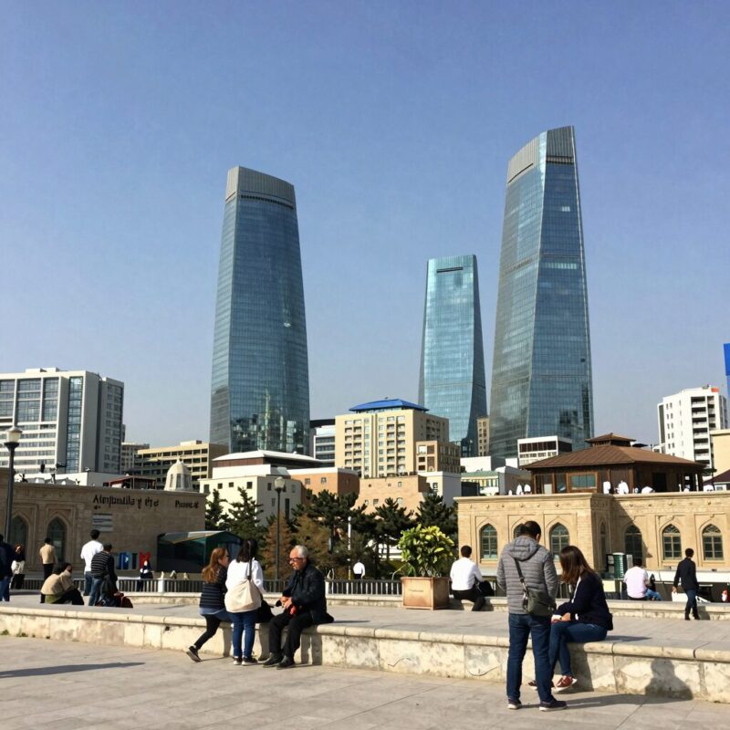 아제르바이잔 바쿠 올드시티와 플레임 타워 전경