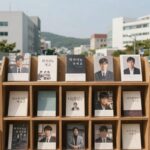 히가시노 게이고 대표 도서들이 책장에 꽂혀 있는 모습, 독서를 권유하는 분위기