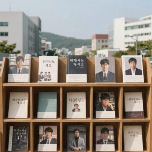 히가시노 게이고 대표 도서들이 책장에 꽂혀 있는 모습, 독서를 권유하는 분위기